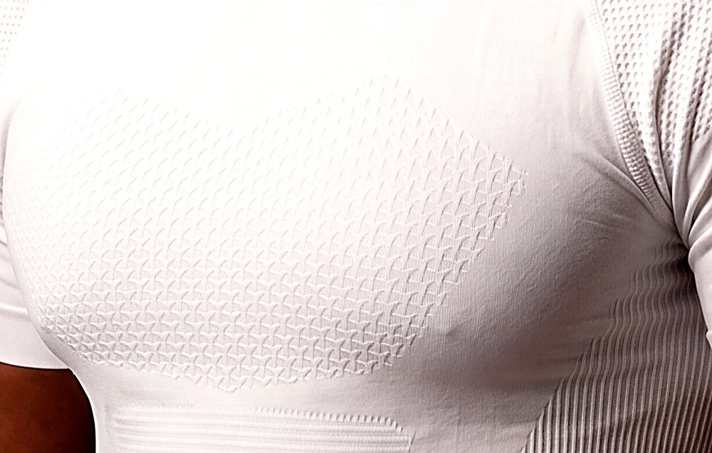 White textured compression shirt — knit-in honeycomb texture close-up, not printed