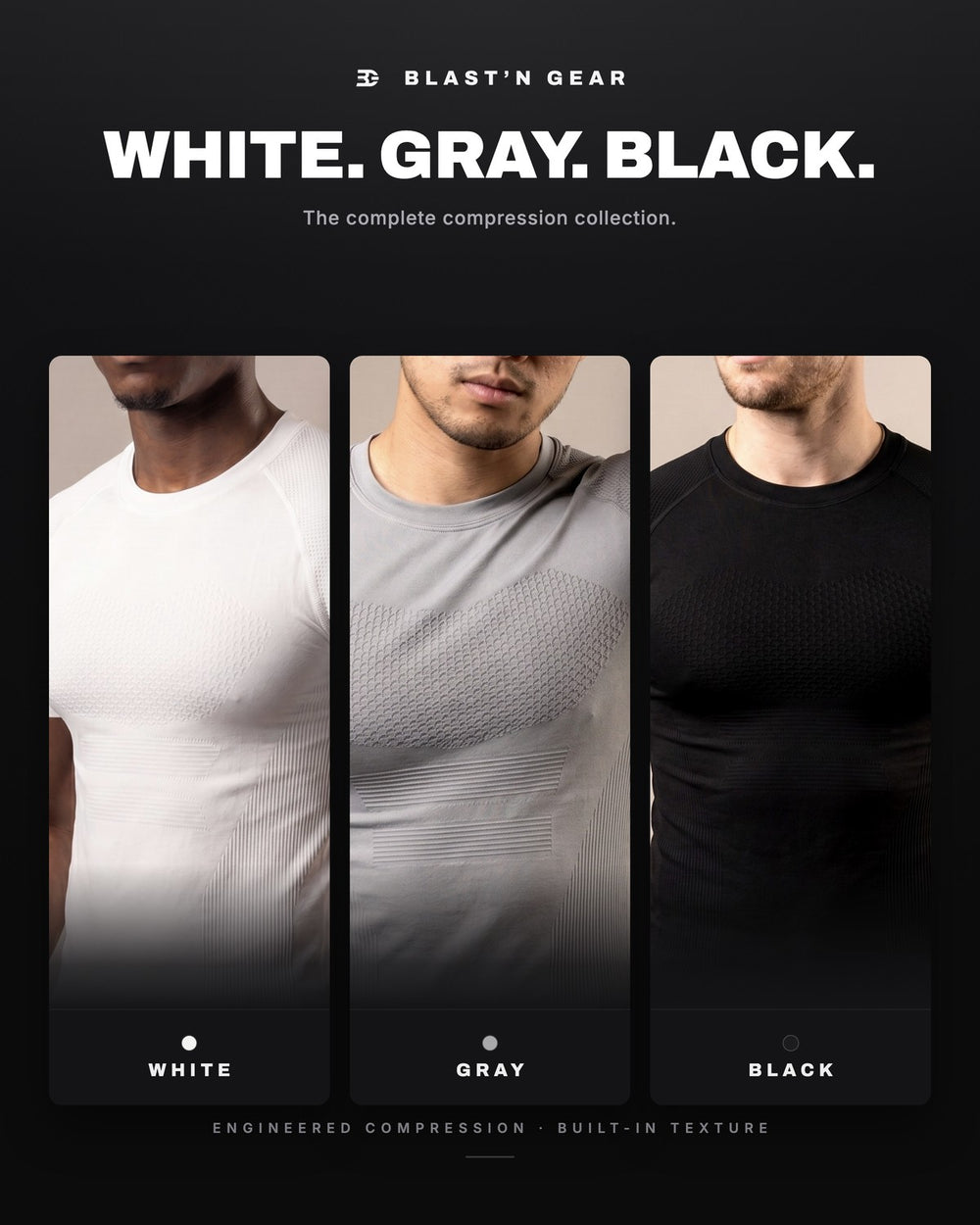 Blast'n Gear Complete Color Bundle — white, gray and black textured compression shirts