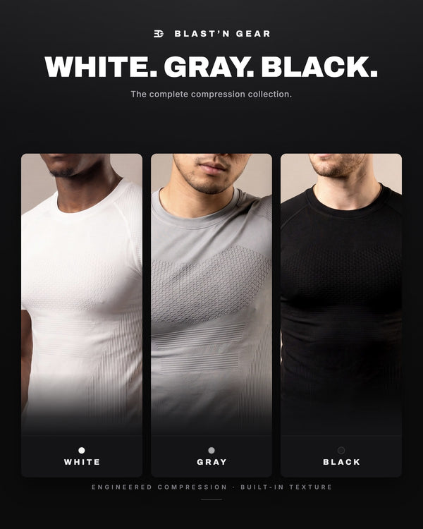 Blast'n Gear Complete Color Bundle — white, gray and black textured compression shirts